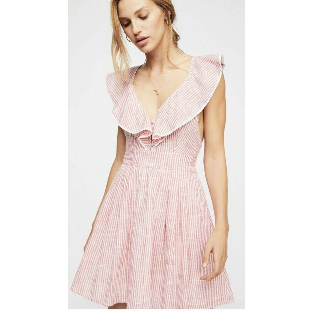 Free People Heartlines Miniโ Dress Pink Striped Ruffle Backless Cross NWOT XS
